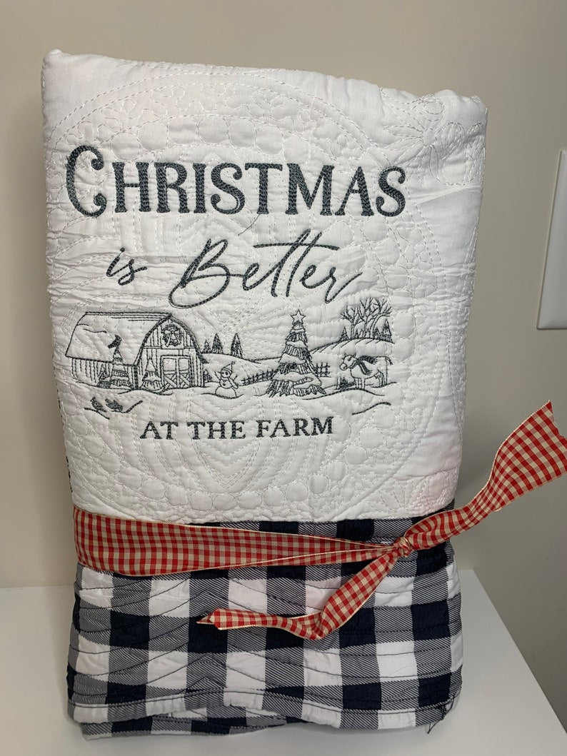 Christmas Quilt | Embroidery | Christmas at the Farm Quilt | Personalized Christmas Quilt | Custom Quilt | Matelassé