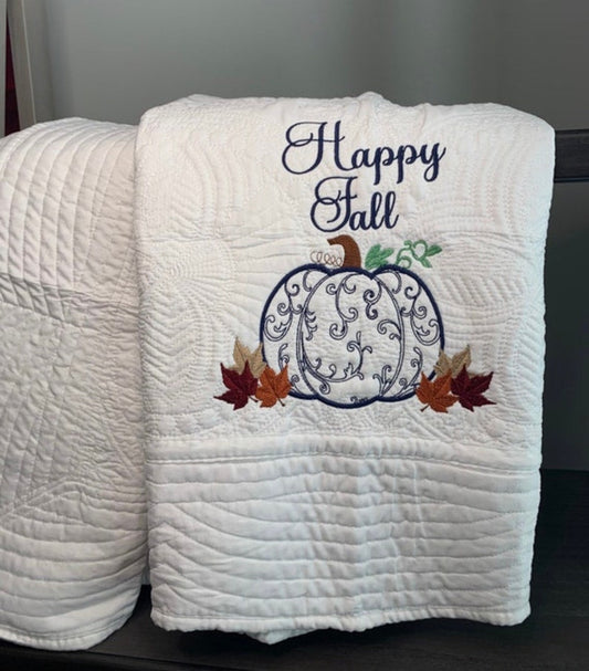 Fall Quilt | Custom Fall Quilt & Decor | Embroidery | Pumpkin| Chinoiserie | Matelassé