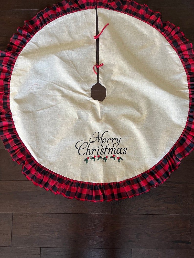 Embroidered Christmas Tree Skirt | custom tree skirt | Merry Christmas tree skirt | You Design and Personalize | Matelassé | Buffalo plaid