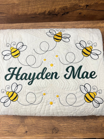 Bee Quilt | Personalized Quilt | Bumble Bees | Monogrammed Quilt | Custom Quilt |  Matelassé