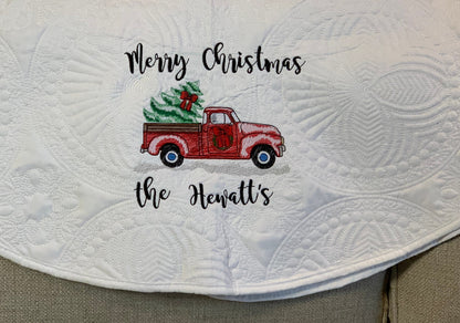 Christmas Tree Skirt | Christmas Red Truck | Embroidery | Merry Christmas tree skirt | You Design and Personalize | Matelassé