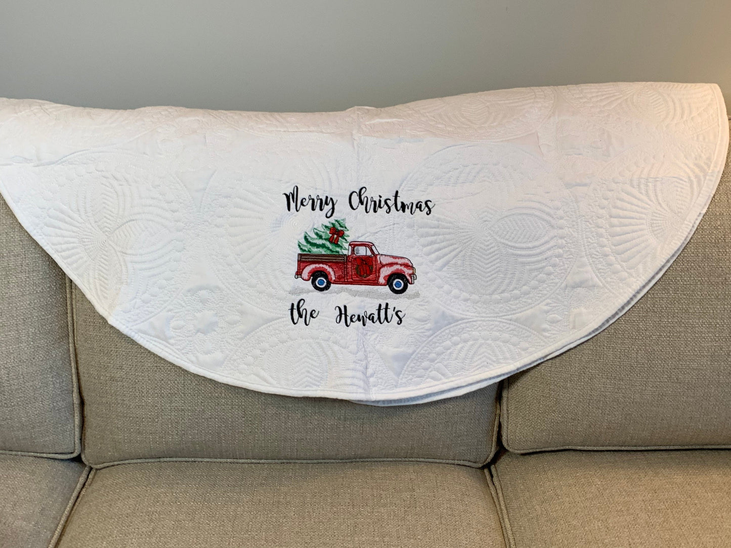 Christmas Tree Skirt | Christmas Red Truck | Embroidery | Merry Christmas tree skirt | You Design and Personalize | Matelassé