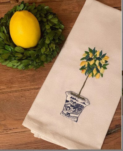 Chinoiserie Lemon Topiary | Lemon Decor | Embroidery | Kitchen Towel | Home Decor | Gift |Dining Decor