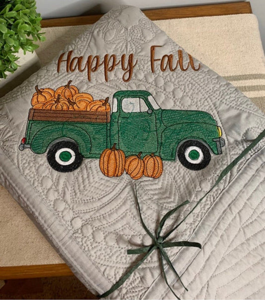 Fall Quilt | Custom Fall Quilt& Decor | Embroidery | Pumpkin Truck | Fall truck| Matelassé