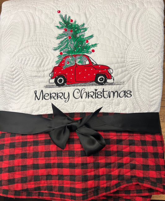 Christmas Quilt |  Embroidery | Red Christmas Car with Tree Quilt | Personalized Christmas Quilt | Custom Quilt |  Christmas decor