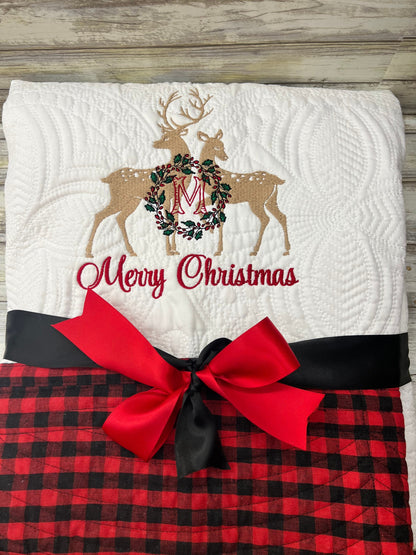 Christmas Quilt |  Embroidery | Christmas Deer Quilt | Monogrammed Christmas Quilt | Custom Quilt |  Matelassé