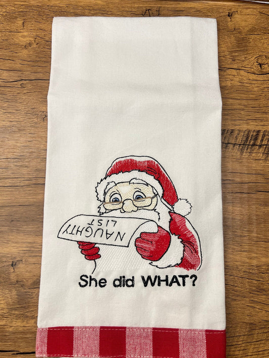 Christmas Towel |Santa Naughty List Towel | Machine Embroidery | Christmas Decor |  | Gift Towel