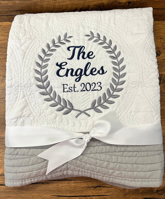 Personalized Wedding Quilt | Laurel Leave Wreath | Monogrammed Wedding Gift | Anniversary Gift  | Custom | Quilt | Matelassé