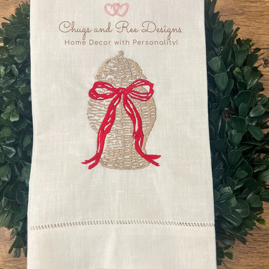 Custom Linen Towel | Rattan Basket | Embroidery  | Kitchen Towel || Home Decor | Gift | Custom Towel | Chinoiserie | Birthday Gift