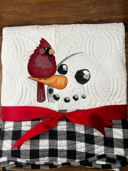 Christmas Quilt |  Embroidery | Snowman and Cardinal Quilt | Personalized Christmas Quilt | Custom Quilt |  Christmas decor | Buffalo Plaid