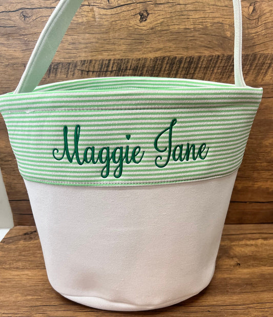 Seersucker Easter Basket |  Canvas & Seer Sucker Monogrammed Easter Basket | Personalized Tote | Kids Easter Basket | Easter Tote |